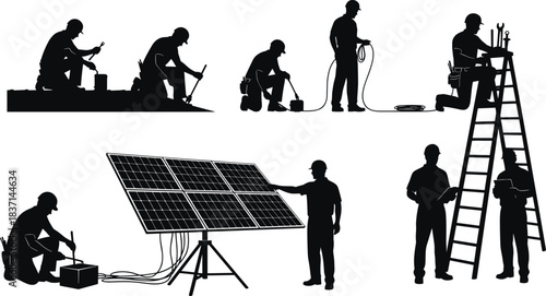 Solar Panel Installation and Maintenance Workers Silhouette Set: Construction, Repair, Electrician, Technician, Builder, Renewable Energy, Home Improvement, Industrial Equipment, Isolated on White.