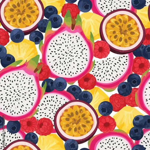 Fruit minimal seamless pattern. Tropical fruit mix. Dragon fruit, passion fruit, lemon, blueberry, raspberry. Colorful illustration on white background. Fresh fruit arrangement. Summer design