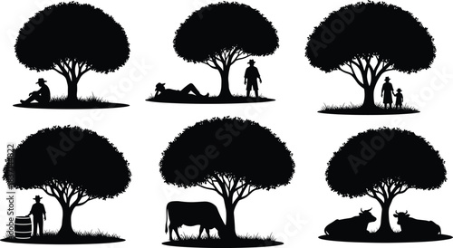 Tranquil Vintage Tree Silhouette Collection with People and Animals Resting in Nature, Highlighting Community, Family, Rural Life, and Peaceful Outdoors Vector Graphics