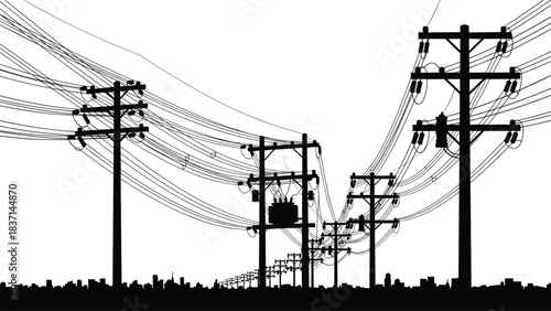 Title: Urban silhouette vector illustration with complex web of overhead power lines and transformers against a clear sky, symbolizing modern infrastructure and technological connectivity.
