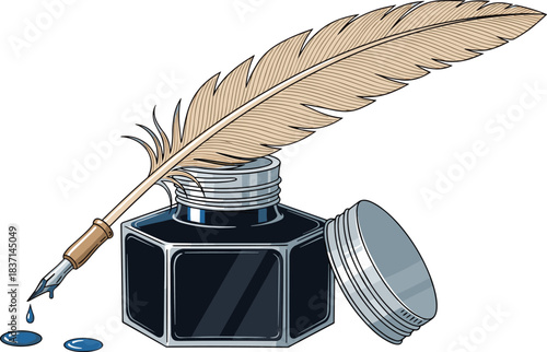 Vintage Quill Pen and Inkwell Drawing, Old-Fashioned Elegant Calligraphy Writing Instrument, Classic Literature Education Theme, Historical Hand-Drawn Vector Illustration.