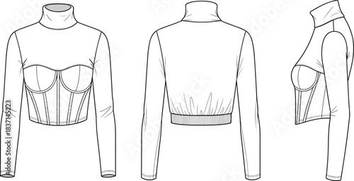 Women's Corset Top Technical Drawing, Long Sleeve Cropped Turtleneck Blouse Fashion Flat Sketch, Apparel Design CAD Illustration, Modern Clothing Vector Template.