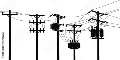Wooden Utility Pole with Power Lines, Electrical Wires, Insulators, and Crossarms Against a Clear Blue Sky; Infrastructure, Energy Distribution, Telecommunication, and Power Transmission Concept.
