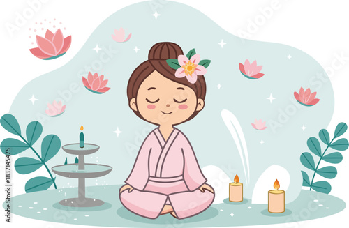 Beauty salon and spa doodle set. Skin care and natural treatment, natural cosmetics concept, time for yourself. Spa with aroma oil, nail file, sleep mask and other care items.	