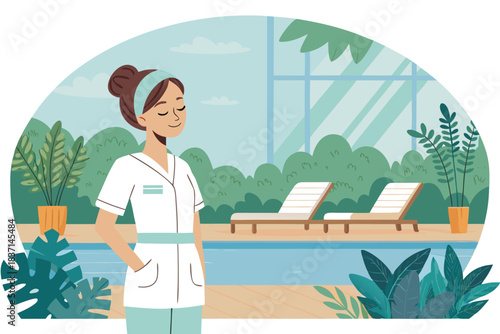 Beauty salon and spa doodle set. Skin care and natural treatment, natural cosmetics concept, time for yourself. Spa with aroma oil, nail file, sleep mask and other care items.	