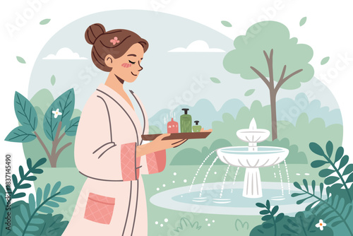 Beauty salon and spa doodle set. Skin care and natural treatment, natural cosmetics concept, time for yourself. Spa with aroma oil, nail file, sleep mask and other care items.	