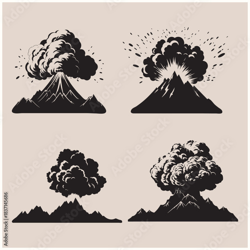 Set of Volcano Eruption Silhouette Vector Illustrations, Natural Disaster Icons
