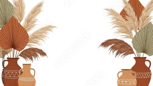 Boho Chic Dried Palm Leaves and Pampas Grass in Ceramic Vases on White Background.