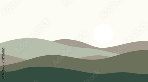 Abstract minimalist rolling green hills landscape with a bright white sun set against a soft cream