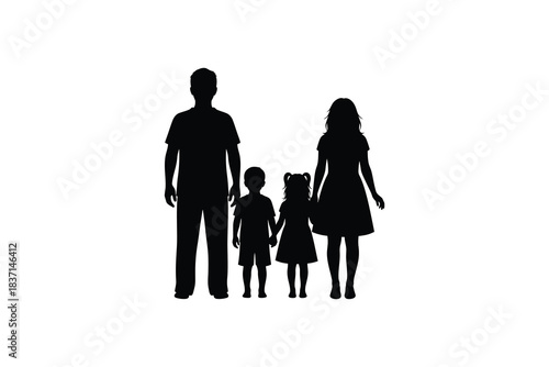Silhouette of a happy family with two children standing together