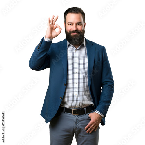 Professional handsome bearded man in stylish blue blazer giving an approving OK hand gesture with a confident smile, isolated on transparent background.