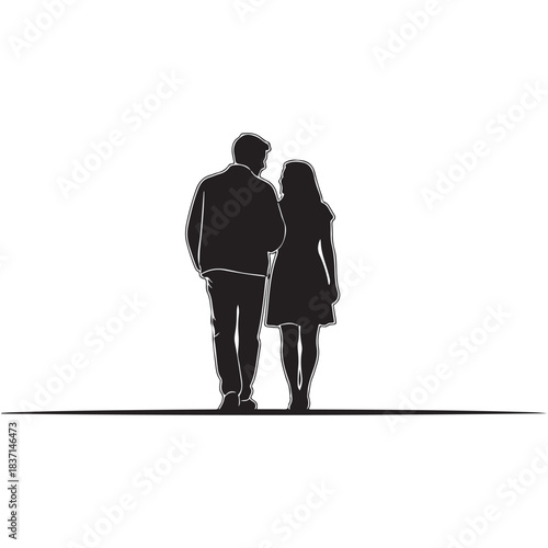 A poignant black and white silhouette capturing a couple's intimate walk, symbolizing the shared journey of love and companionship, representing a timeless bond and simple elegance