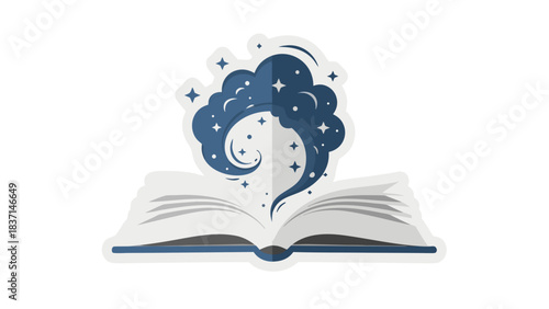 Open Book with Swirling Blue Smoke and Stars Representing Magic and Imagination Illustration