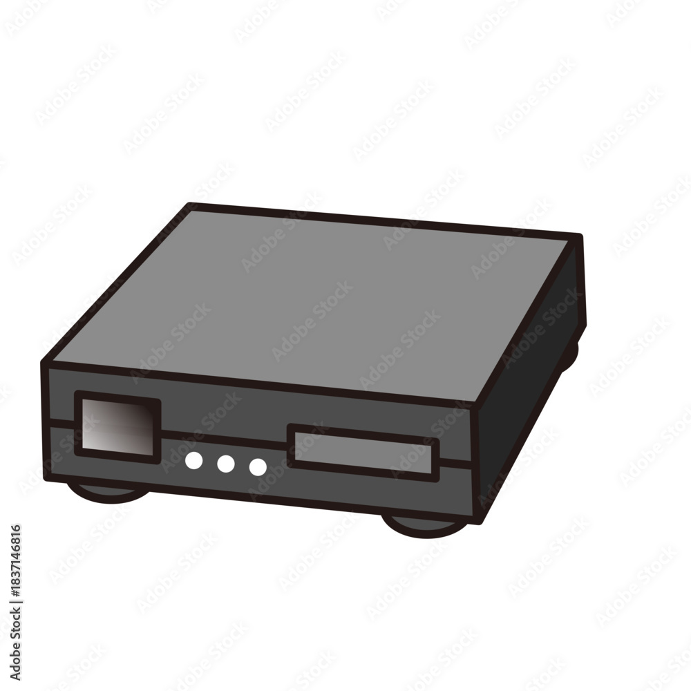 Obraz premium A simple illustration of a gray electronic device, possibly a set-top box or media player, with front panel details.