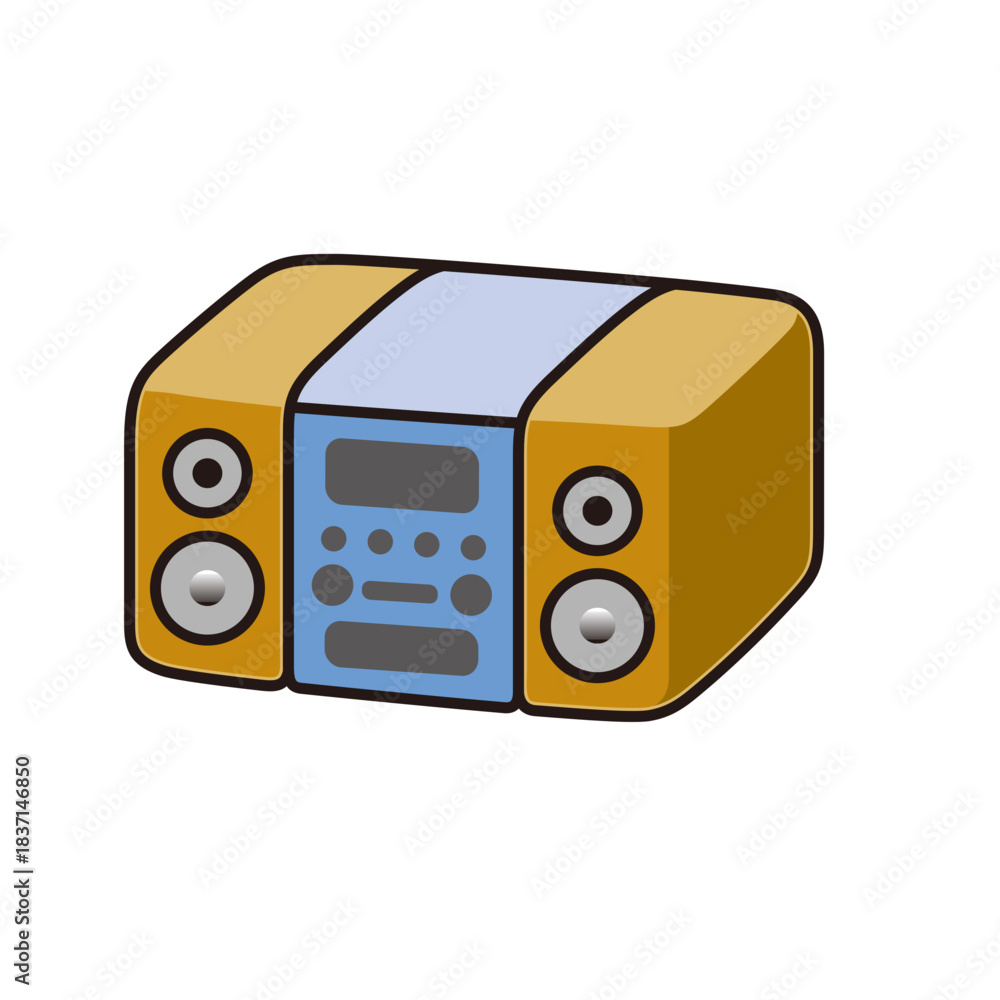 Obraz premium A cartoon illustration of a compact stereo system with two speakers and a central control unit, depicted in orange and blue colors.