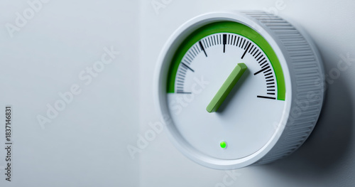 Close-up of a modern white thermostat with green accents mounted on a light gray wall showing temperature control settings