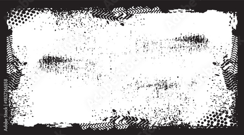 Grungy black and white textured border with distressed paint splatters, tire tracks, and halftone