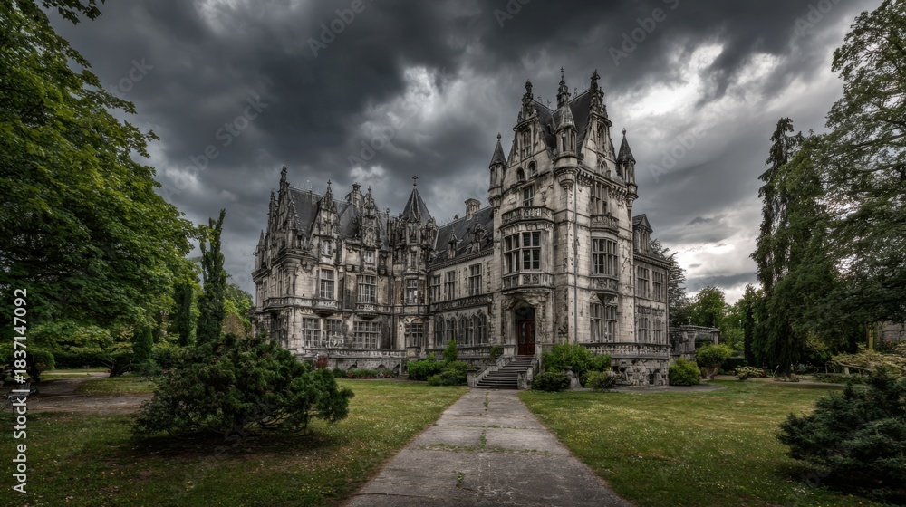 Fototapeta premium An imposing mansion with intricate architecture stands amidst dark clouds and lush greenery evoking intrigue.