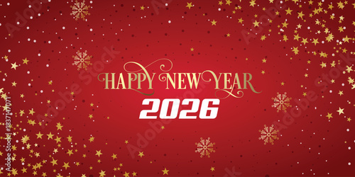Happy New Year 2026 greeting card festive red backgro