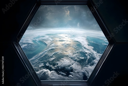 Earth’s curved horizon glows with sunlight as seen through a hexagonal spaceship window.