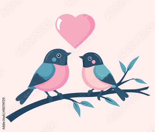 Two cute birds in love sit on a branch facing each other, with hearts above them. This romantic vector illustration is perfect for Valentine's Day cards, wedding invitations, and love-themed designs