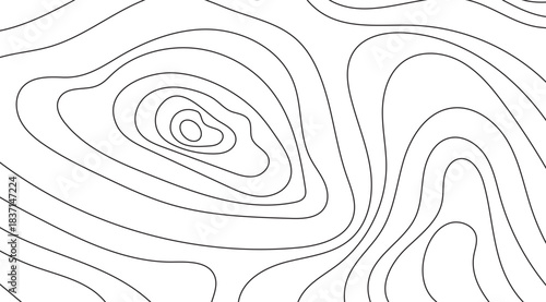 Abstract black and white contour lines create a dynamic topographic map pattern with flowing