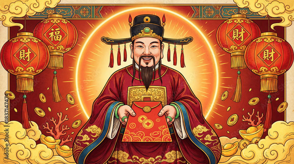 Fototapeta premium Chinese God of Wealth holding red envelope