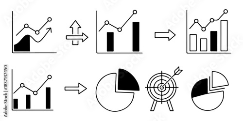 Dynamic vector icon set for business data analysis, visualizing growth, market trends, and strategic goal achievement. Essential graphics for performance metrics