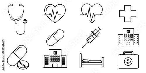 Comprehensive collection of essential vector outline icons for medical and healthcare services, featuring stethoscope, heart rate, pills, hospital, and syringe for professional designs