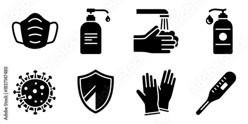 Essential health protection and hygiene icons for disease prevention, including masks, sanitizers, gloves, and thermometers, illustrating public safety measures during a health crisis