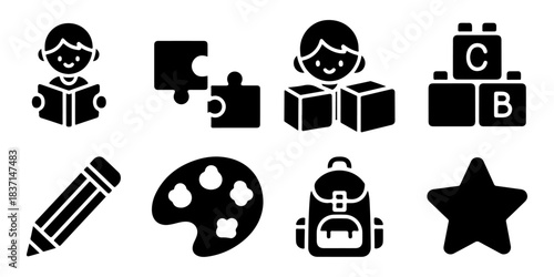 Versatile black silhouette icon collection illustrating early childhood education, engaging playtime, school essentials, and artistic development for children's themes