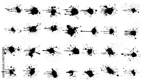 Ink splashes and drops. Grunge ink splatter, liquid drip splash, black blots and splashes. Artistic ink spots  illustration set