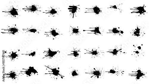 Ink splashes and drops. Grunge ink splatter, liquid drip splash, black blots and splashes. Artistic ink spots  illustration set