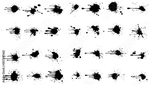 Big collection of Ink splashes and drops. Grunge ink splatter, liquid drip splash, black blots and splashes. Artistic ink spots  illustration set