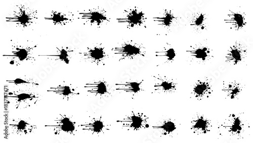 Big collection of Ink splashes and drops. Grunge ink splatter, liquid drip splash, black blots and splashes. Artistic ink spots  illustration set