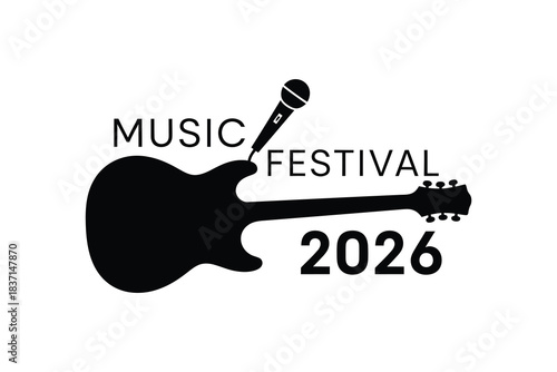 Silhouette of electric guitar and microphone announcing music festival 2026