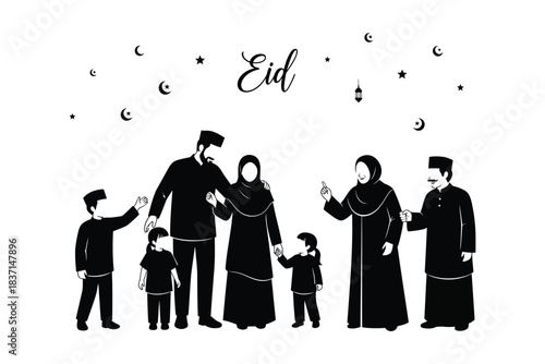 Happy muslim family celebrating eid al fitr with festive decorations and crescent moons