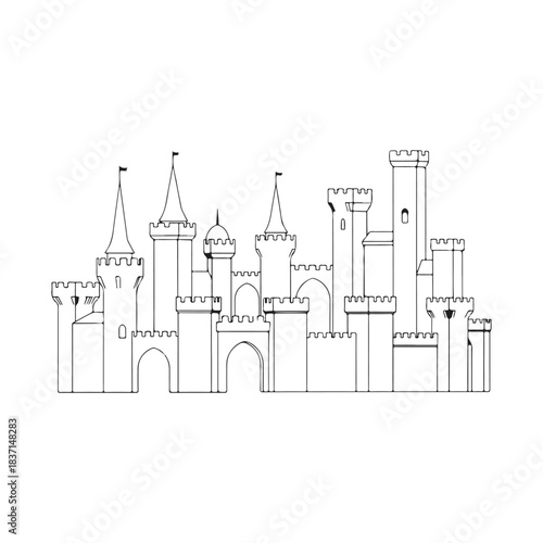 Enchanting architectural outline of a majestic fantasy palace, a grand medieval fortress with numerous turrets and intricate wall details, perfect for inspiring storytelling and fairytale themes