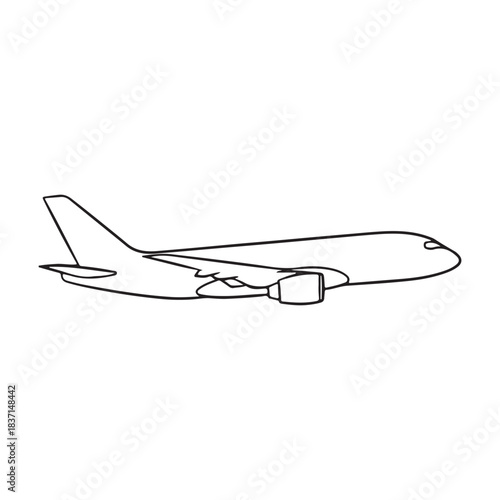 Isolated outline of a modern commercial passenger airplane flying with its engines visible, a sleek and streamlined air travel icon for your design needs