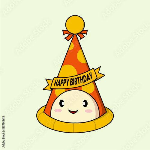 Happy birthday party hat with a face and ribbon, adorable and festive. Perfect for birthday card designs or party invitations