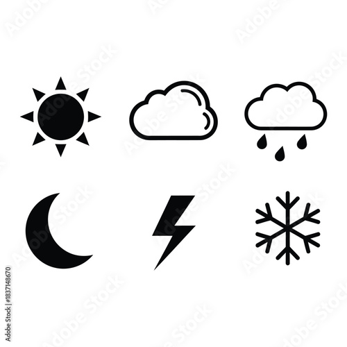 Set of six distinct weather icons representing diverse atmospheric conditions