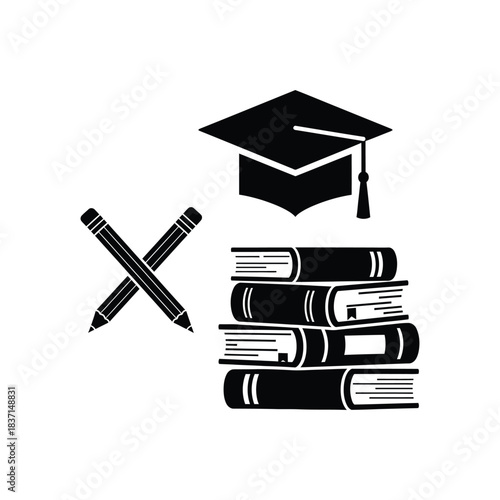 Graduation cap stack of books and crossed pencils icon representing education and learning