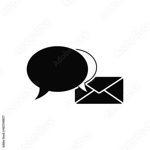 Black and white icon representing communication through speech bubbles and an envelope