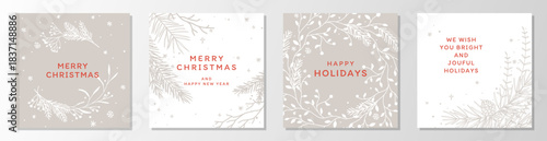Set of Christmas cards. New Year's winter elegant cards with snowflakes and fir tree branches on a neutral pastel beige and white background. Vector illustration