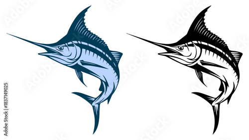 Swordfish and Blue Marlin Fishing Vector Illustration, Powerful Sport Fishing Ocean Fish Mascot Logo Design for T-Shirt, Emblem and Outdoor Branding Isolated on White Background