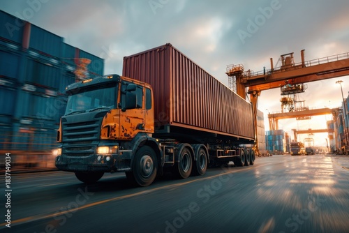 Truck transporting shipping container through industrial area. Intermodal transportation connecting port to inland destinations freight distribution network for global supply chain logistics concept.M