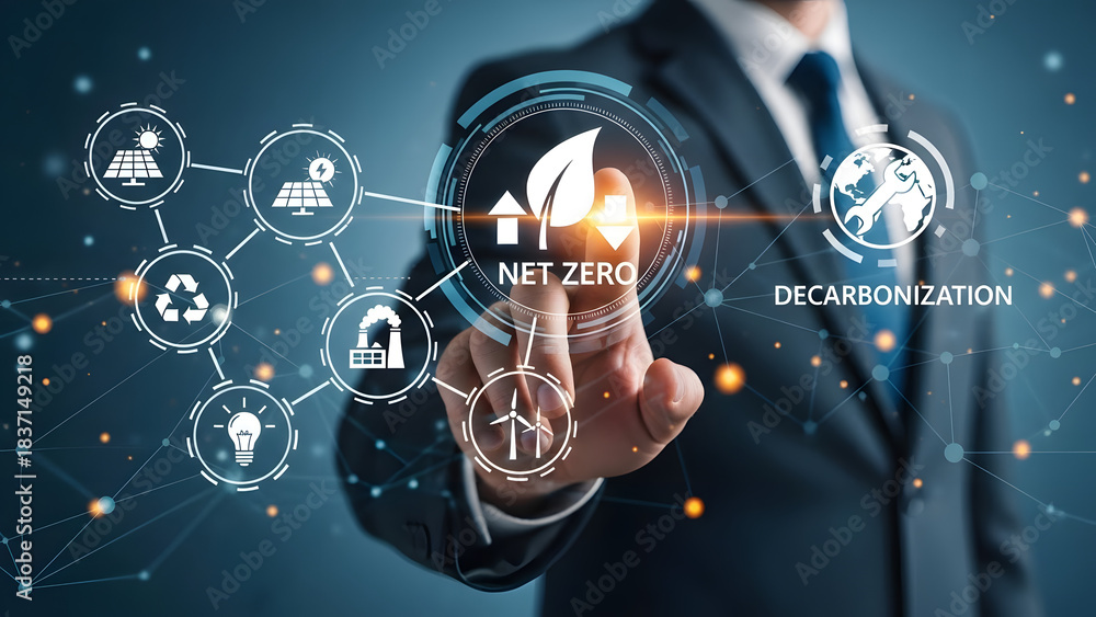 Fototapeta premium Executive drives sustainable future touching net zero decarbonization strategy icons Generative AI
