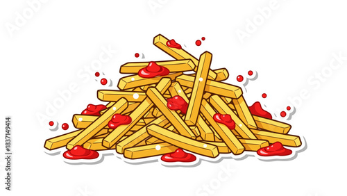 Pile Of Golden French Fries With Red Ketchup Drizzled On Top Against A Black Background