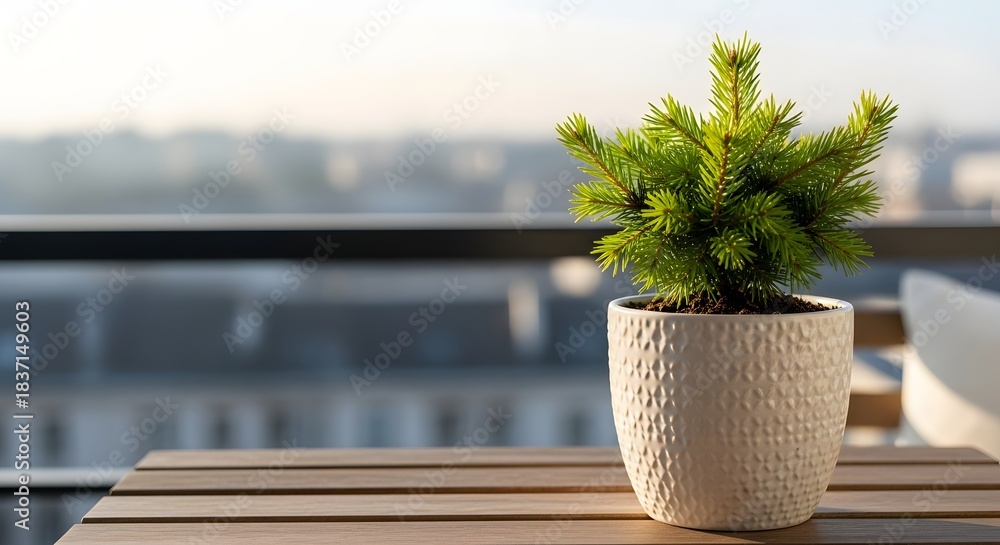 Fototapeta premium Small potted pine tree on a wooden balcony table with blurred city view, representing urban winter decor concept and serene morning light