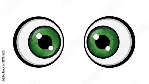 Pair of Bright Green Cartoon Eyes with White Sclera and Dark Pupils Against a Black Background Expressing Surprise or Curiosity